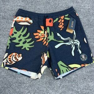 Roark Swim Shorts Mens S Navy Graphic Print Shorey 16" Shell Cove Drawstring 6"